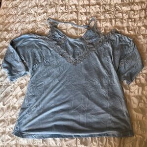 Blue Ruffled 3/4 Sleeve Blouse with Bib Collar